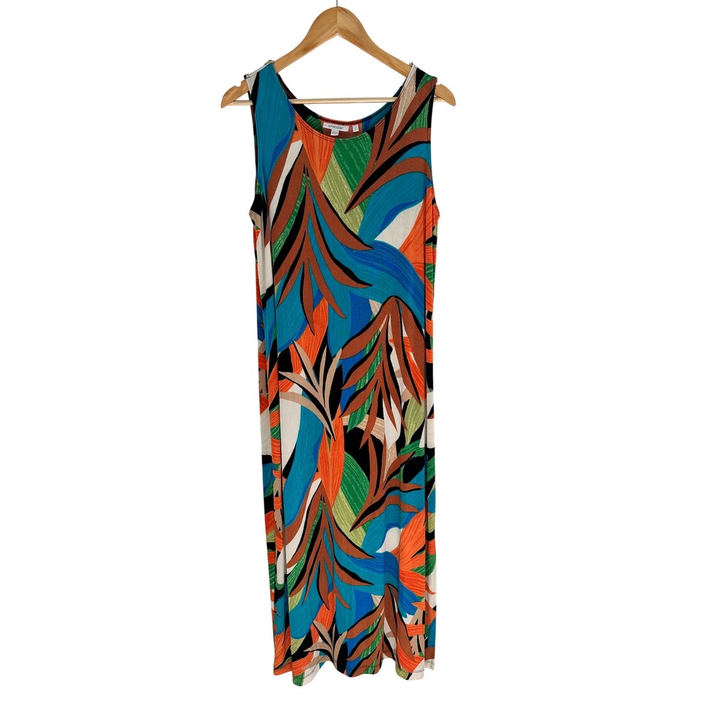 Chicos Tropical Leaf Print Sleeveless Maxi Dress Blue Orange Size 3 / XL